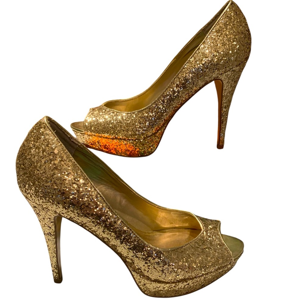 ❤️GUESS❤️NWT!GABY GALE GLITTER PEEP-TOE STILETTO PLATFORM HEELS.